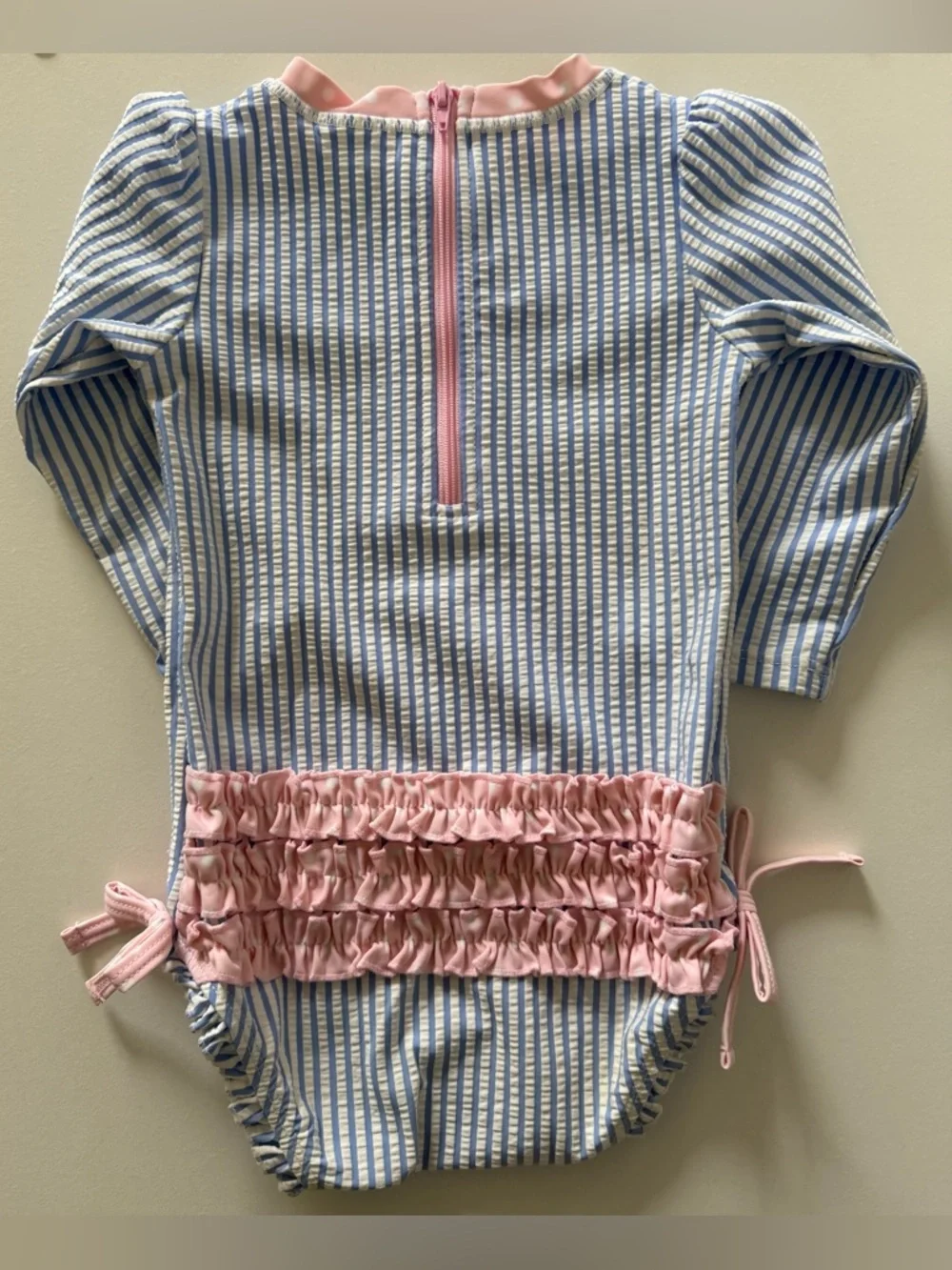 RuffleButts Baby Toddler Girl Blue Seersucker Long Sleeve One-Piece Swimsuit